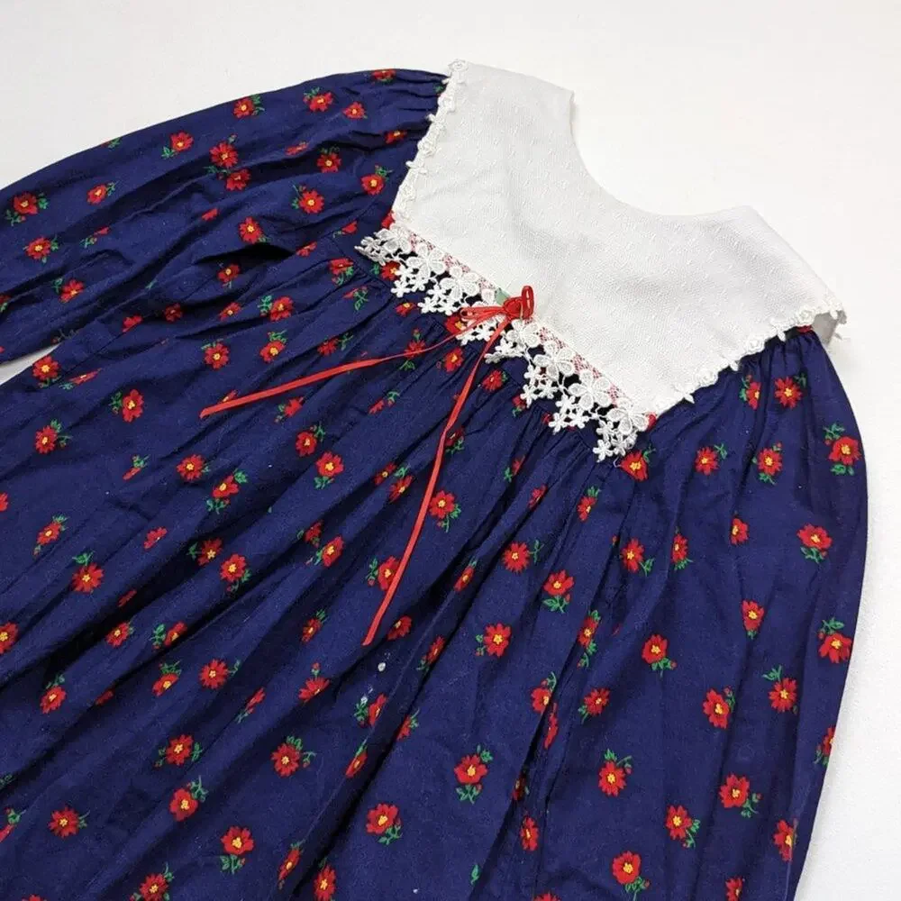 Vintage Bryan Dress Girls Size 6 Navy Floral Bib Long Sleeve